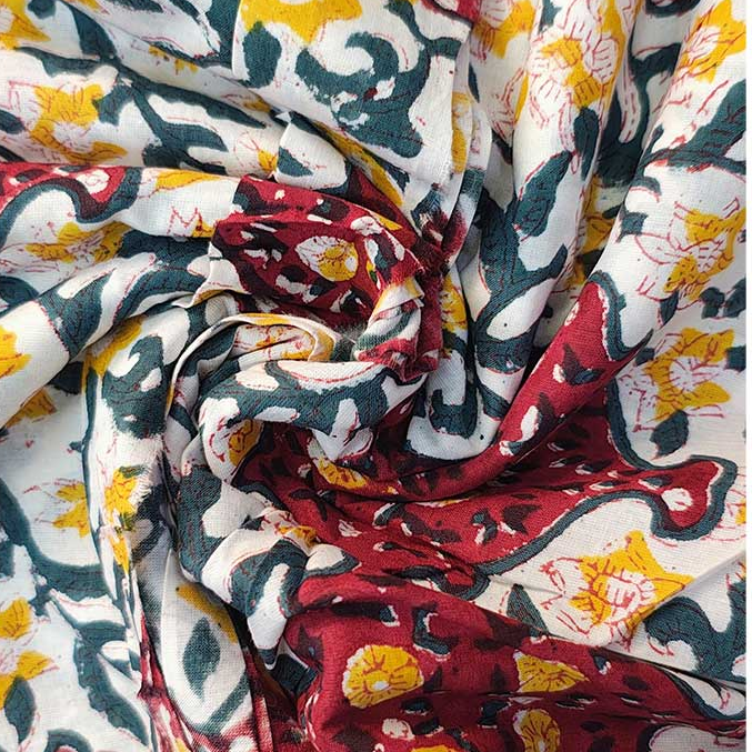 Sanganeri Hand Block Print Cotton Fabric – Blue and Maroon Floral