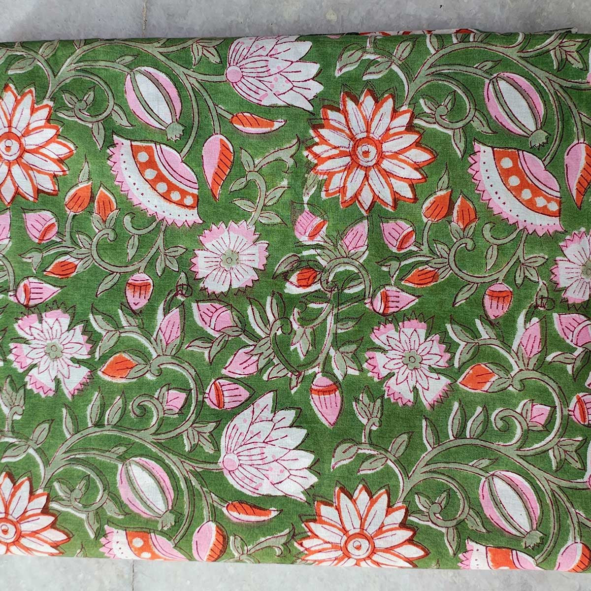 Handmade Bagru Print Textile – Green Floral Print Cotton Material