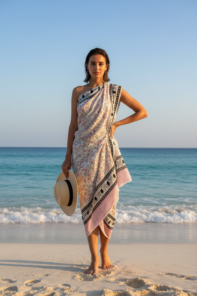 Woman in a floral dress standing on a beach with ocean in the background
