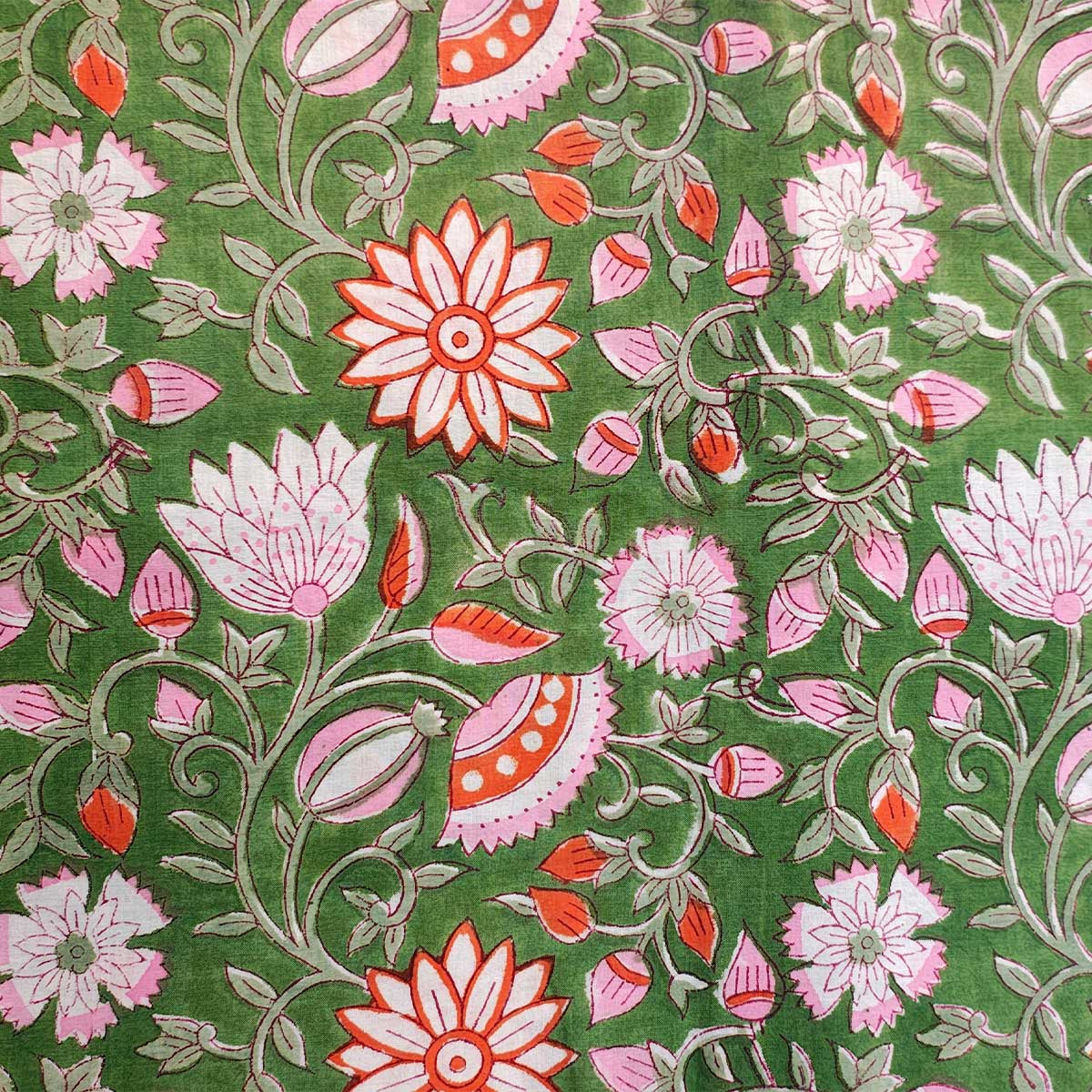 Handmade Bagru Print Textile – Green Floral Print Cotton Material