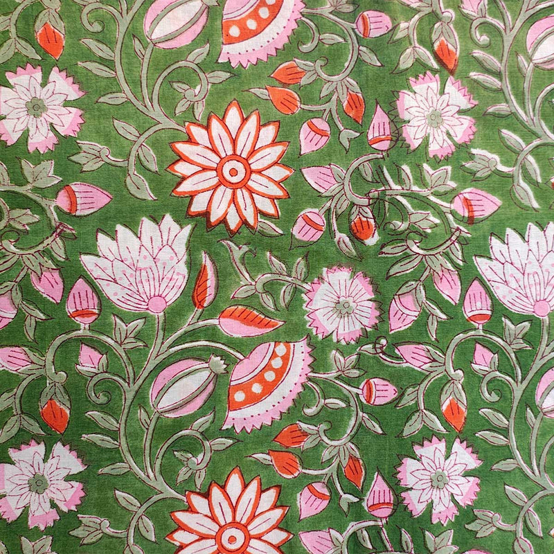Sanganeri Hand Block Print Cotton Fabric – Green Floral Print