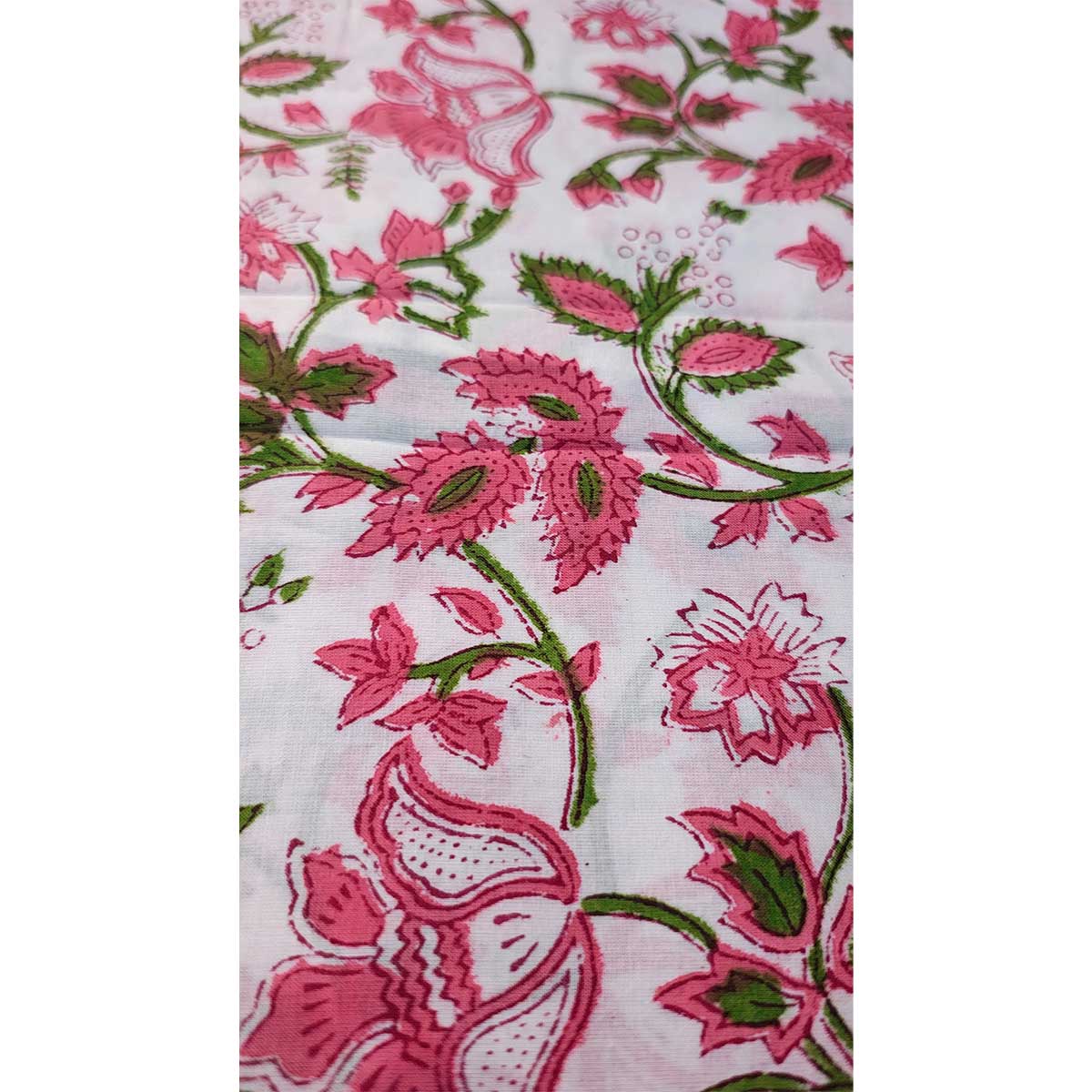 Sanganeri Hand Block Print Cotton Fabric – Pink Green And White Floral