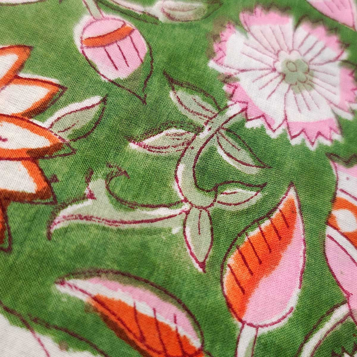 Handmade Bagru Print Textile – Green Floral Print Cotton Material