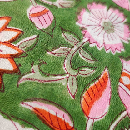 Sanganeri Hand Block Print Cotton Fabric – Green Floral Print