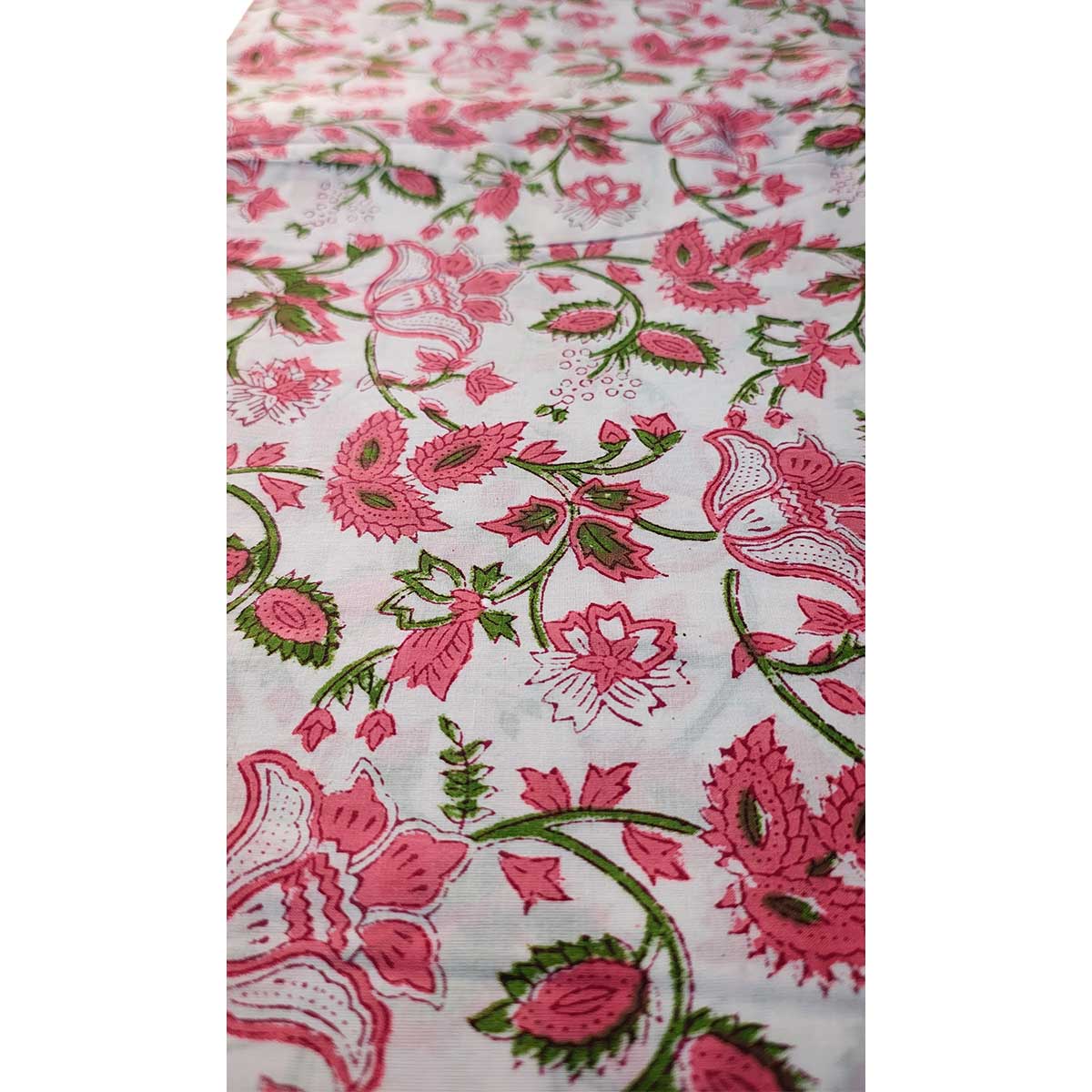 Sanganeri Hand Block Print Cotton Fabric – Pink Green And White Floral
