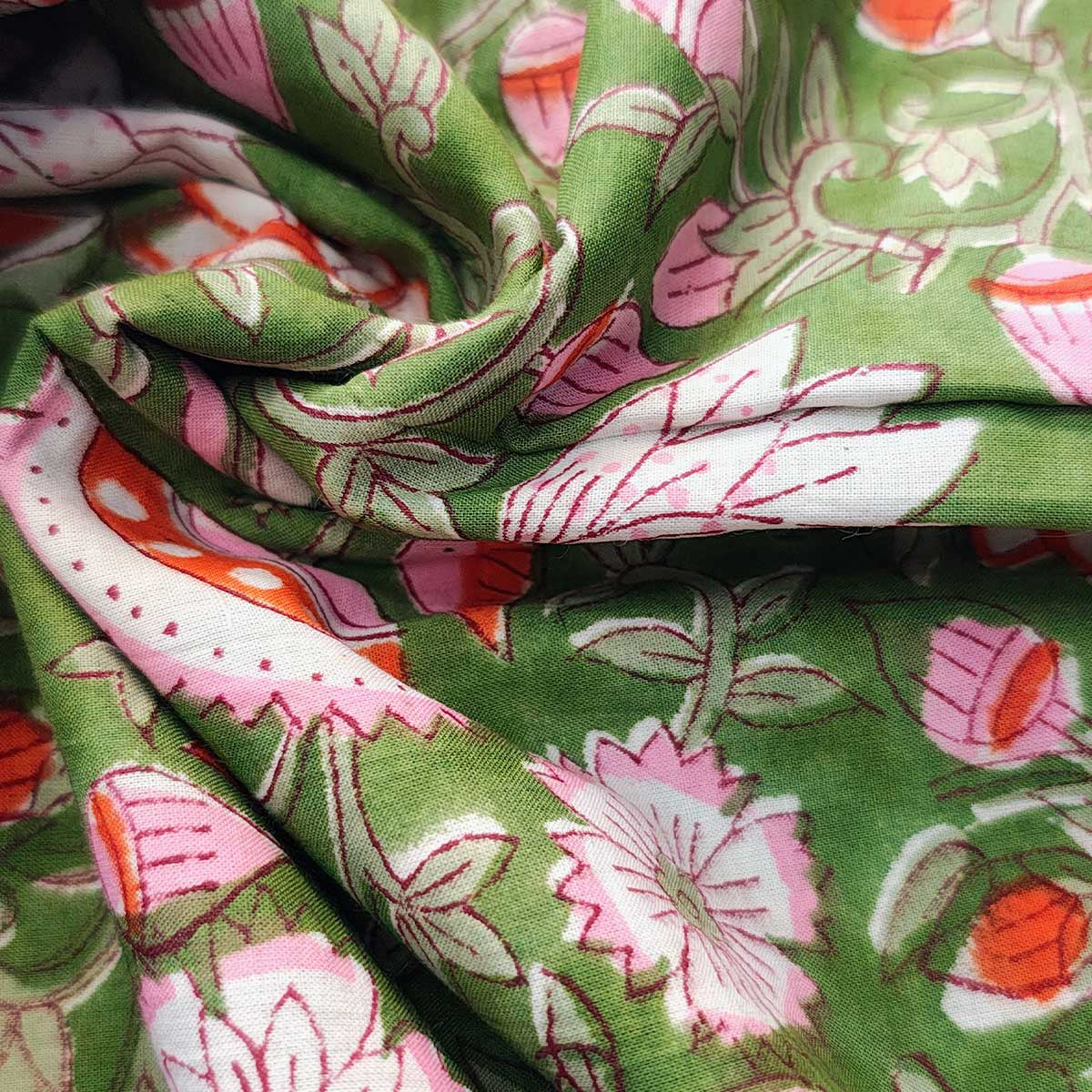 Handmade Bagru Print Textile – Green Floral Print Cotton Material