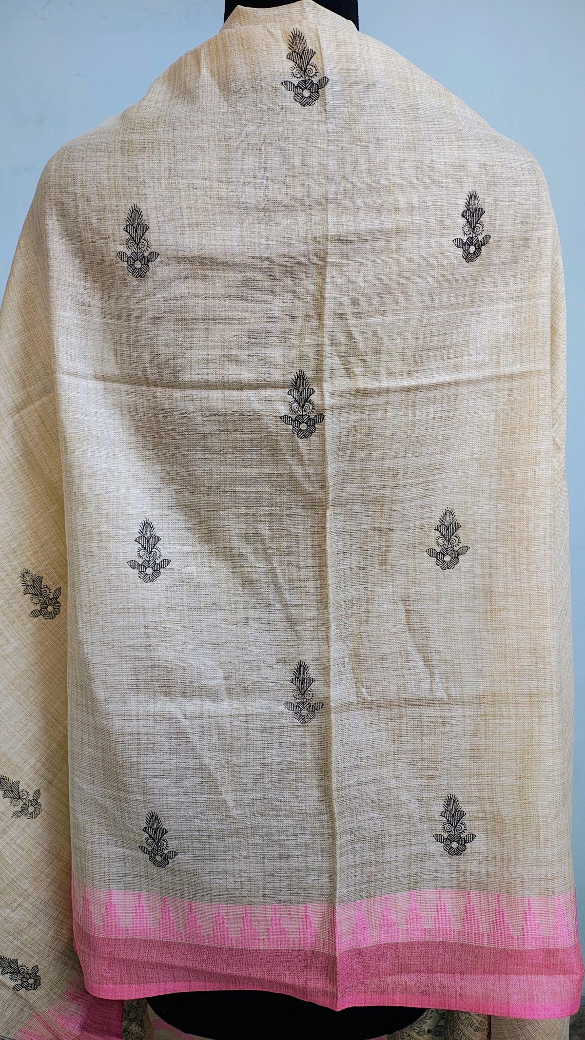 Hand Painted Madhubani Tussar Ghicha Silk Dupatta with Pink Border