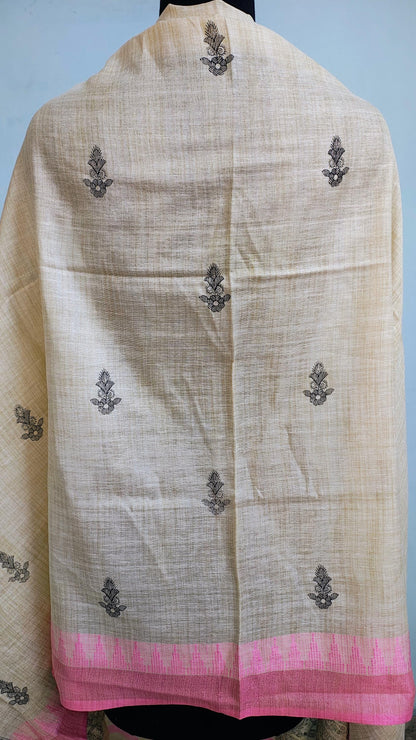 Hand Painted Madhubani Tussar Ghicha Silk Dupatta with Pink Border