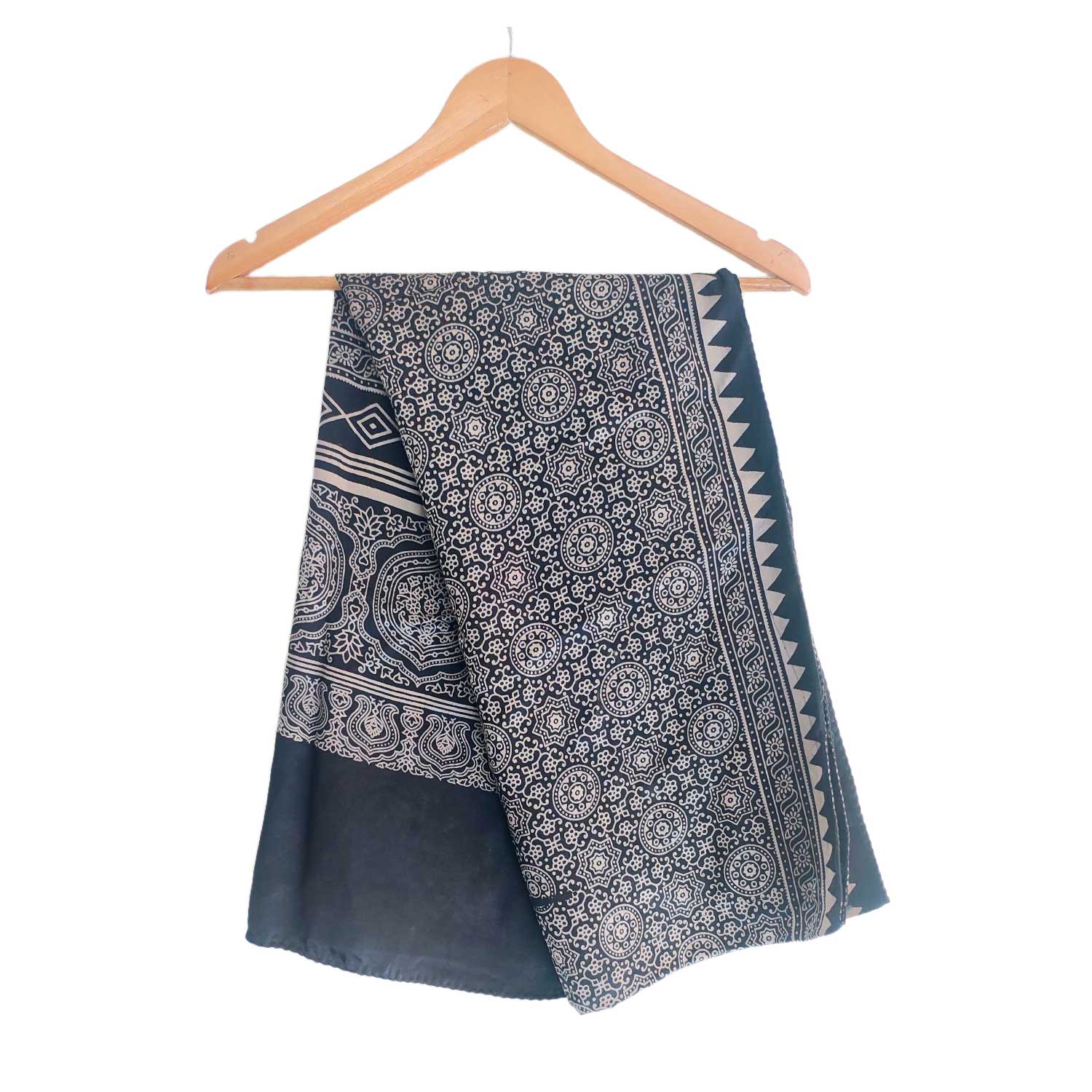 Ajrakh Hand Block Print Black Color Viscose Stole | Traditional Geometric Print | L220 X W55 cm