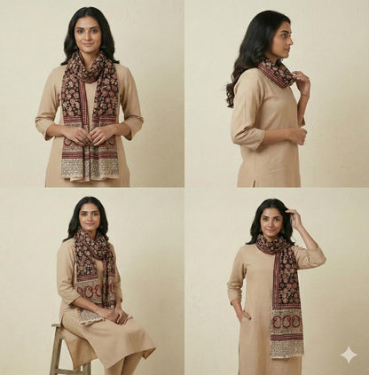 Midnight Bloom Kalamkari Stole - Black & Rust Hand Block Print (120 x 185 cm)