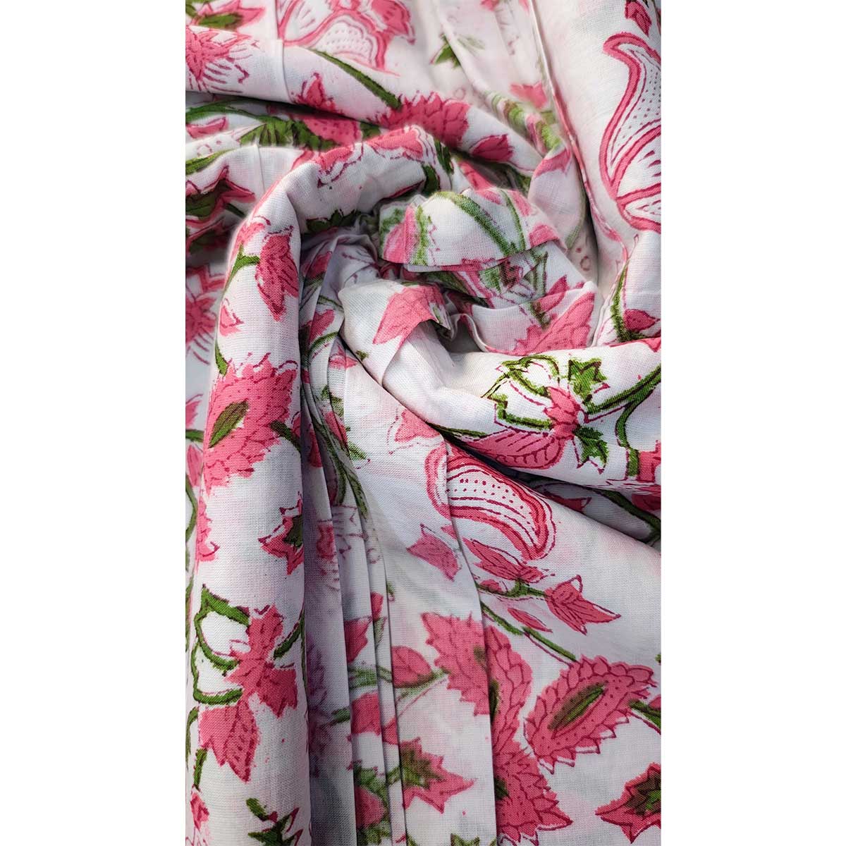 Sanganeri Hand Block Print Cotton Fabric – Pink Green And White Floral