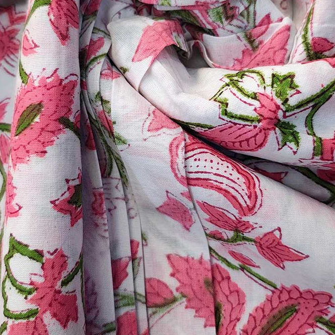 Sanganeri Hand Block Print Cotton Fabric – Pink Green And White Floral