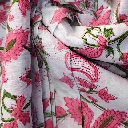 Sanganeri Hand Block Print Cotton Fabric – Pink Green And White Floral