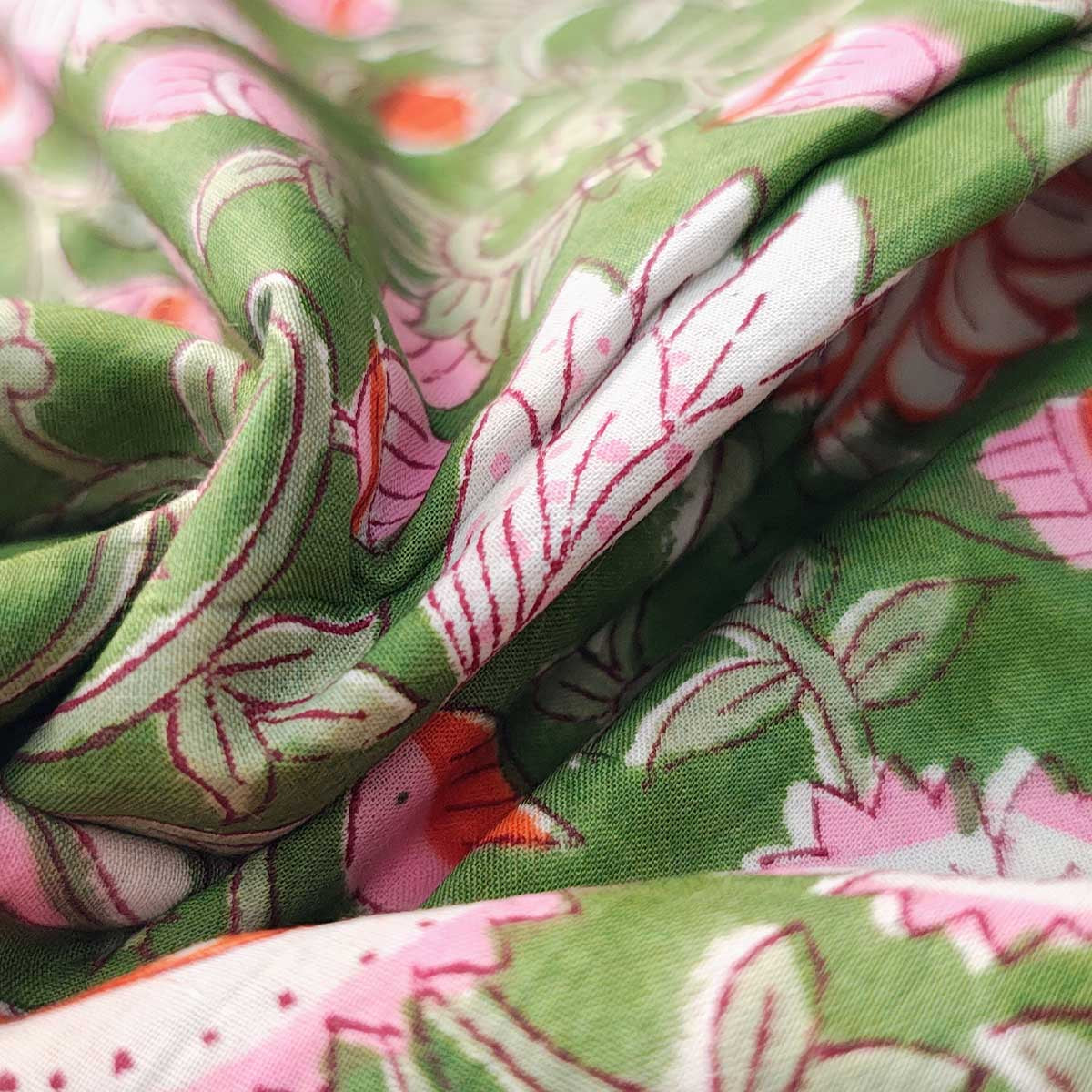 Handmade Bagru Print Textile – Green Floral Print Cotton Material