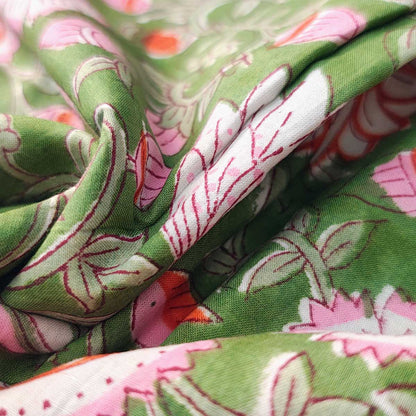 Sanganeri Hand Block Print Cotton Fabric – Green Floral Print