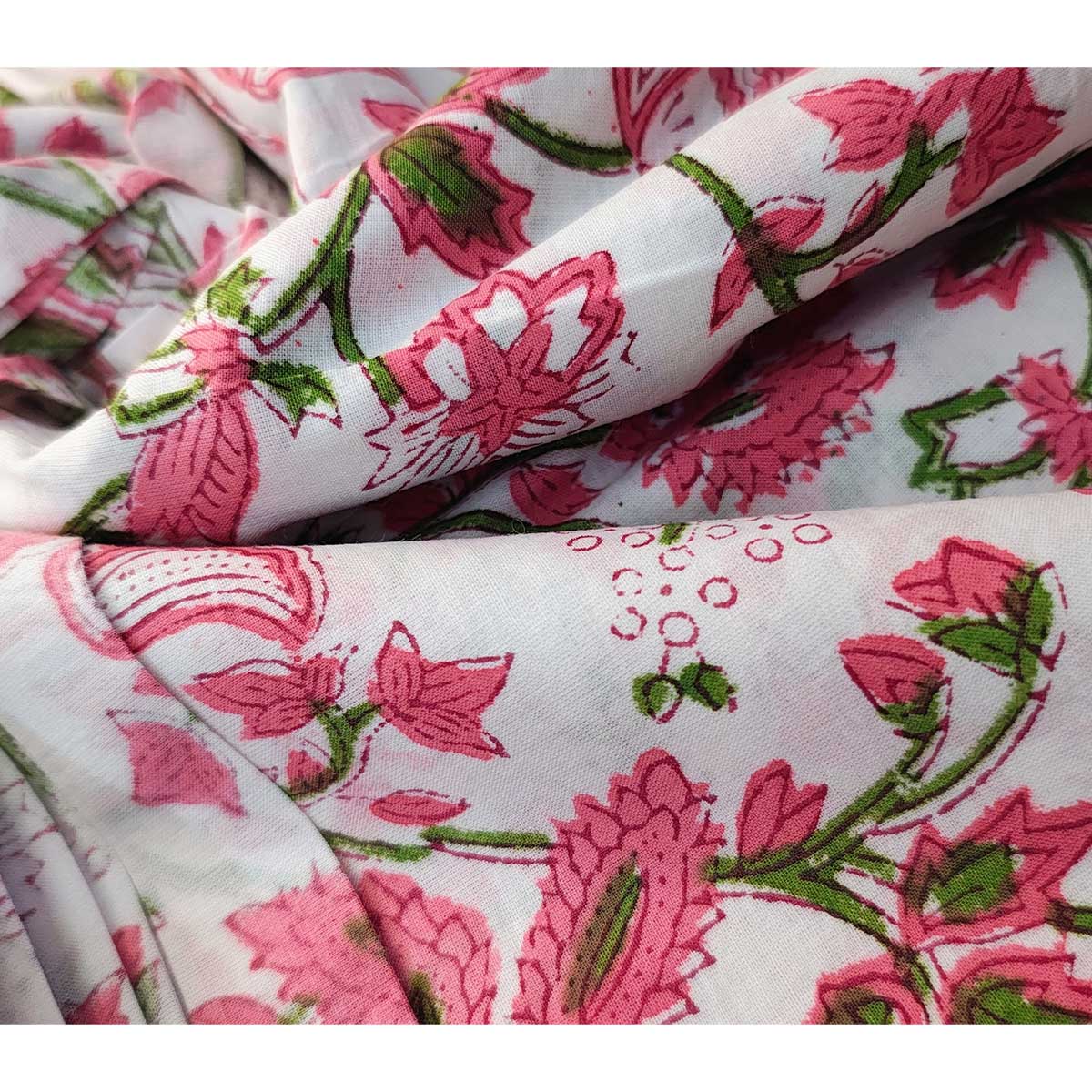 Sanganeri Hand Block Print Cotton Fabric – Pink Green And White Floral
