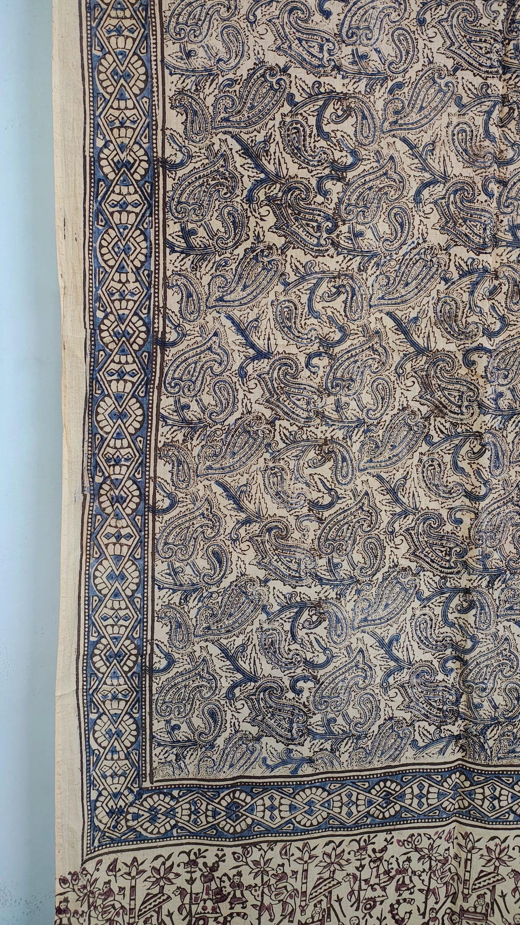 Handcrafted Kalamkari Cotton Stole – Indigo Paisley Tribal Print