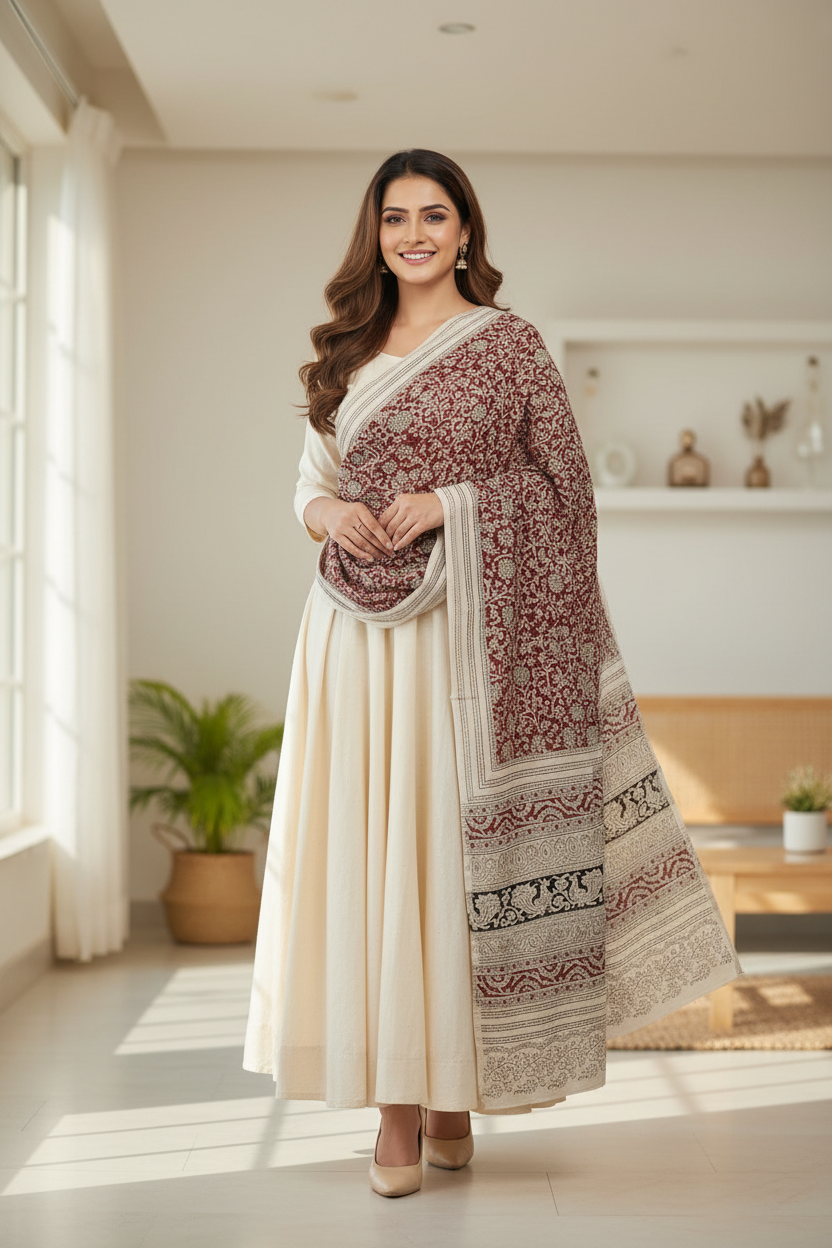 Hand Block Printed Kalamkari Cotton dupatta