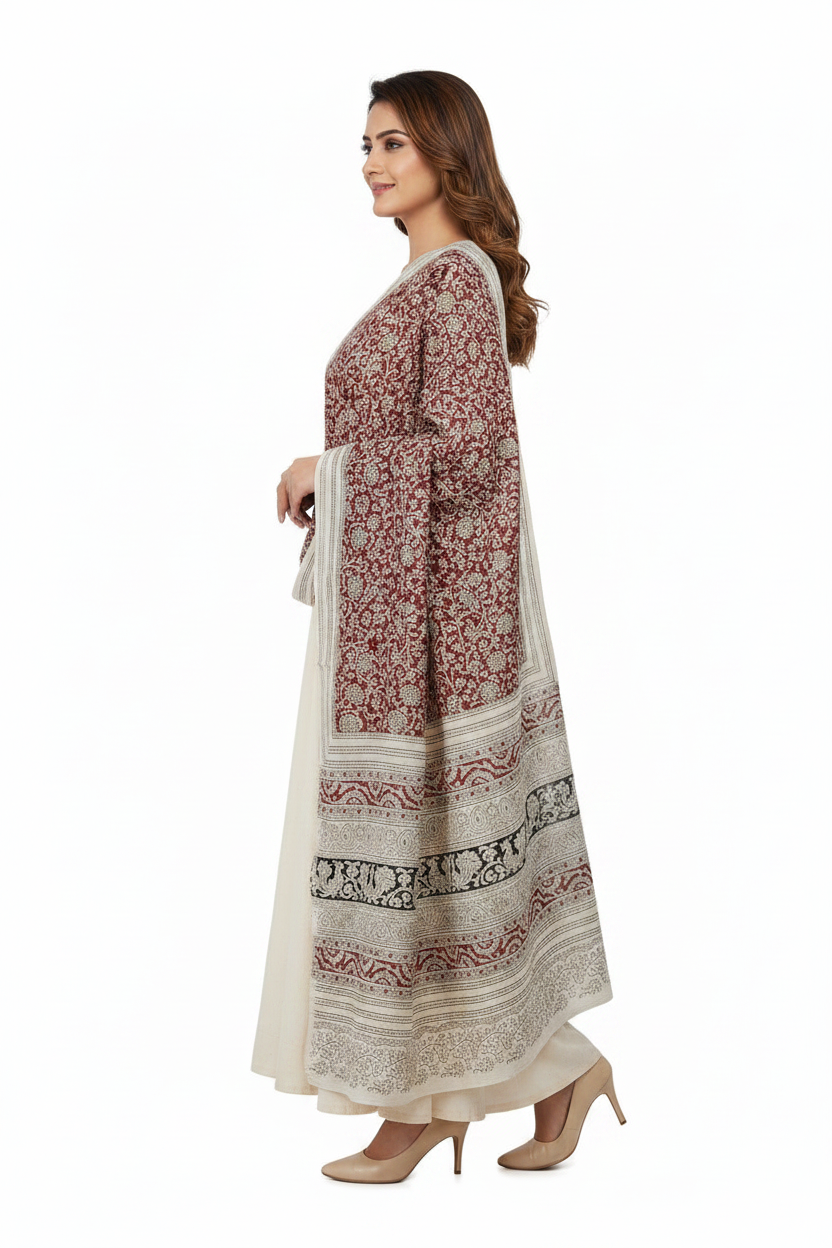 Woman wearing a long, patterned dress on a white background