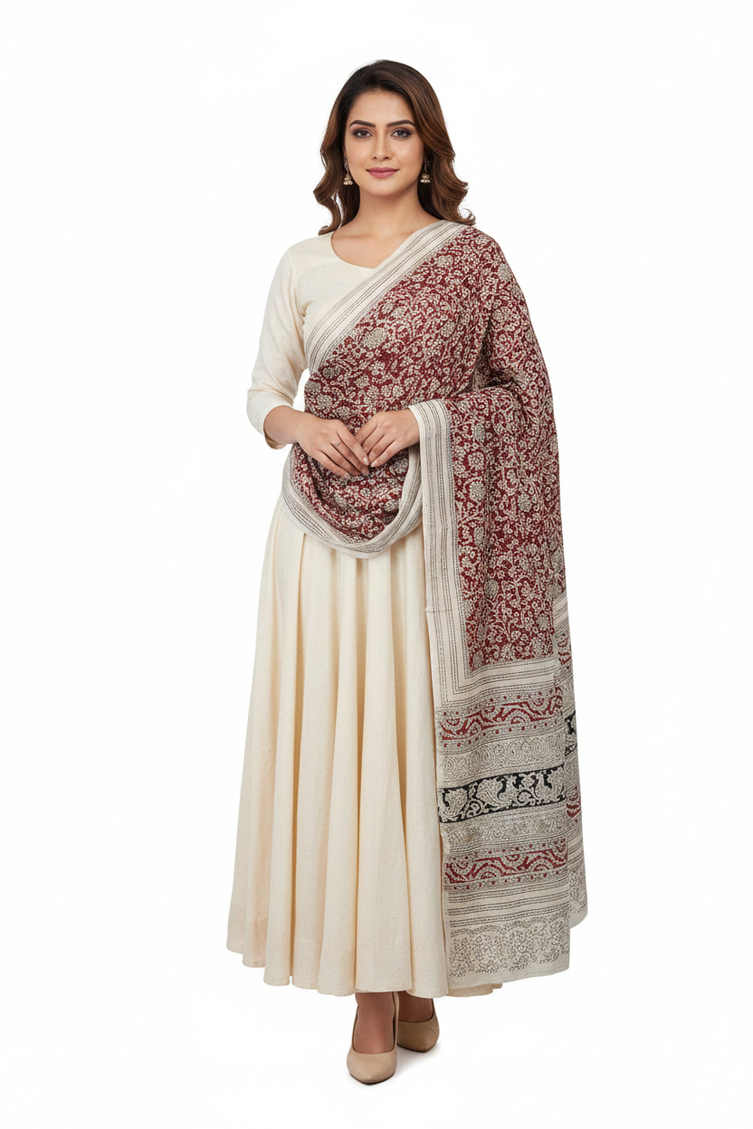 Woman wearing a cream saree with a red and white patterned shawl on a white background