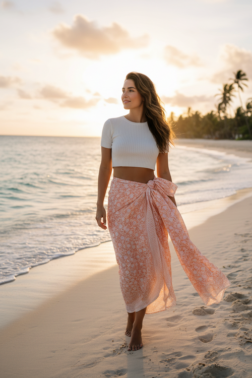 Woman in a white top and pink floral skirt standing on a beach at sunset.