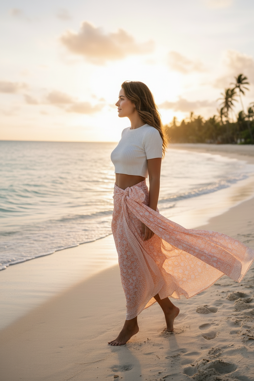 Woman walking on a beach at sunset wearing a white top and pink skirt.