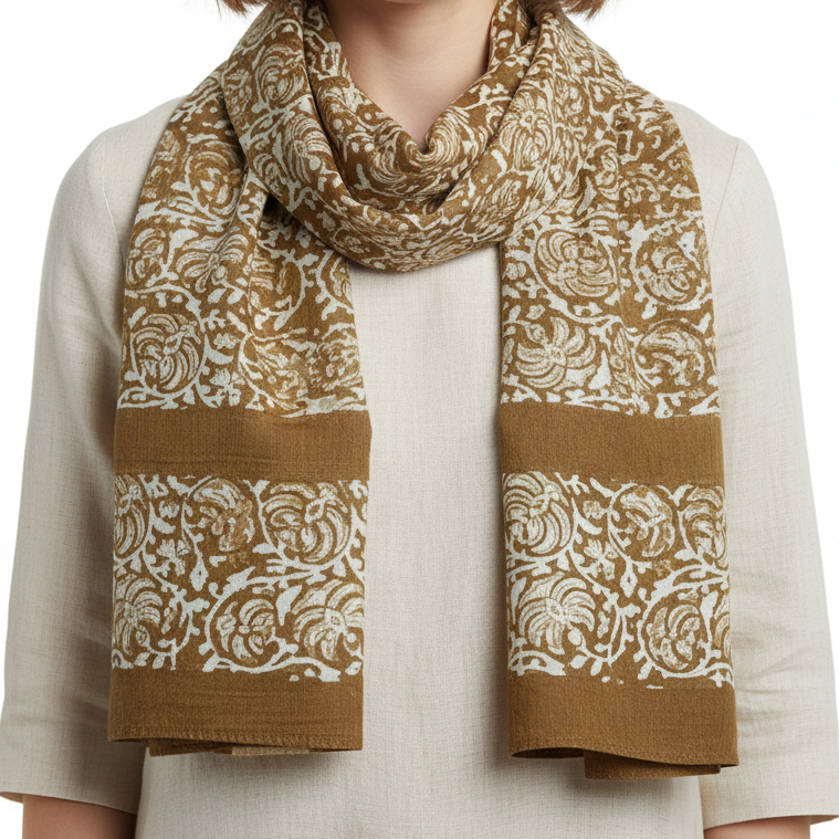 Woman wearing a patterned scarf on a white background