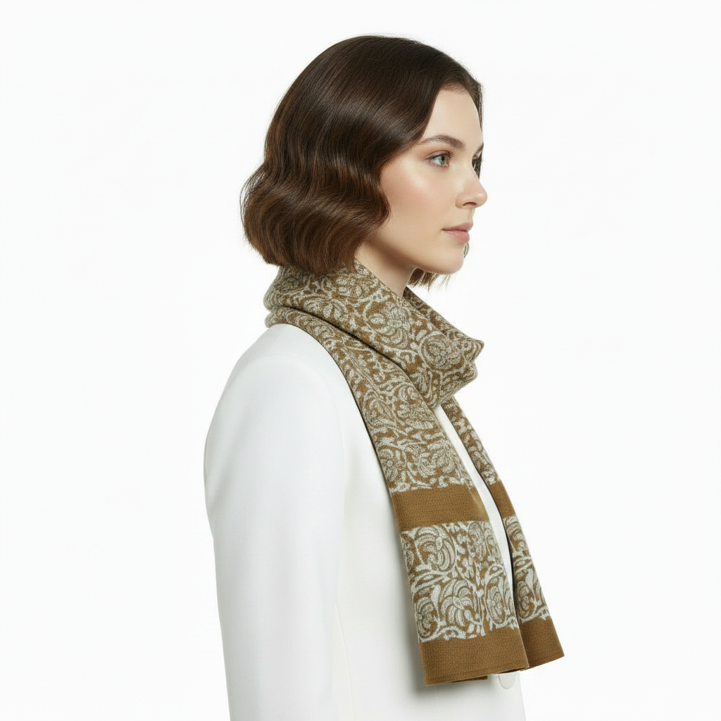 Woman wearing a patterned scarf on a white background