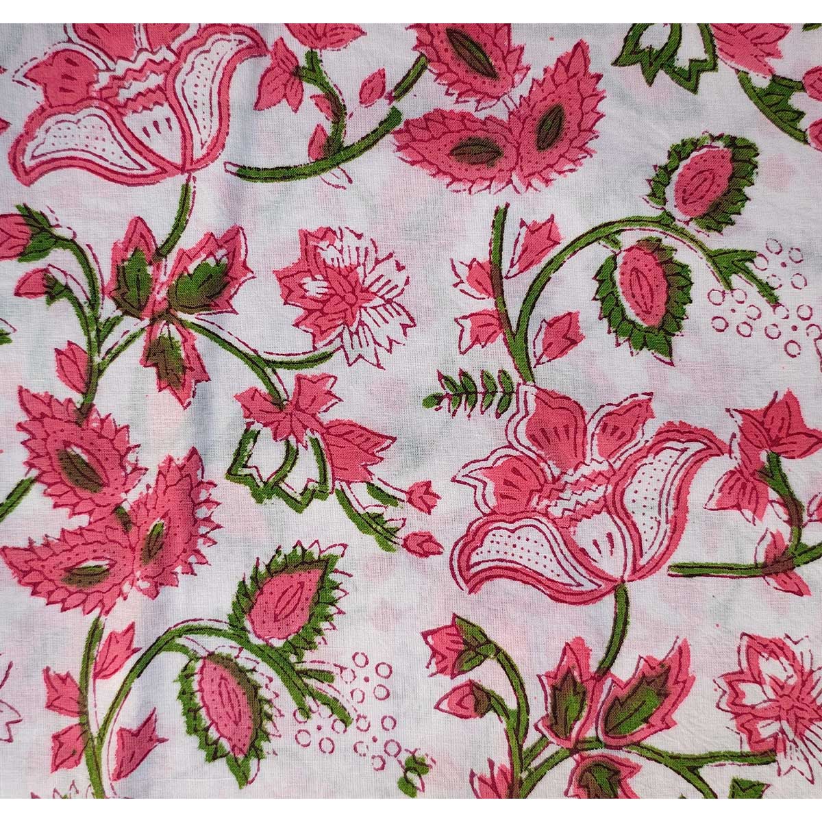 Handmade Bagru Print Textile – Pink Green And White Floral Cotton Material