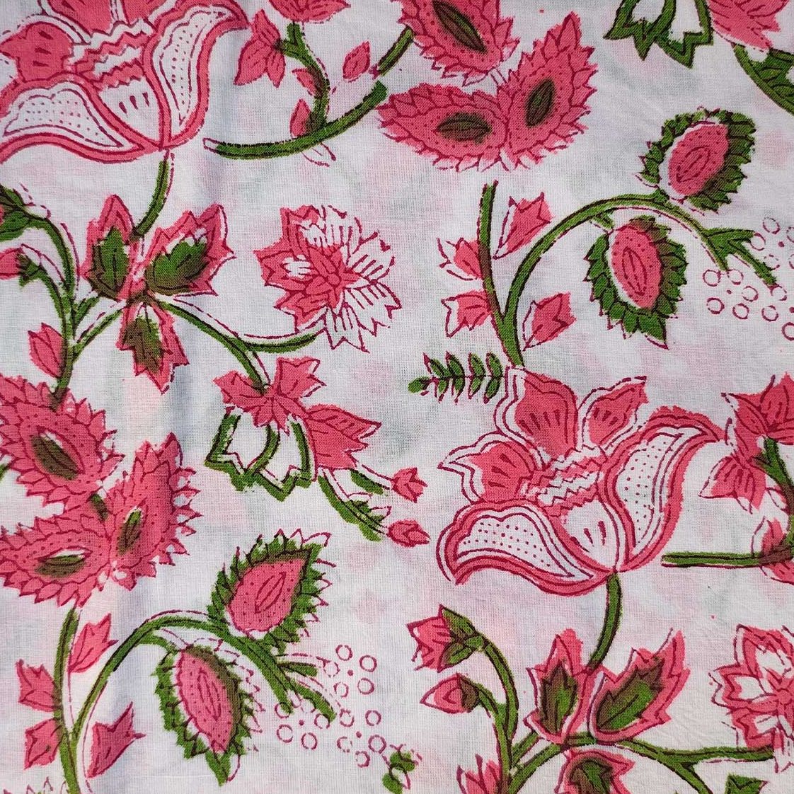Sanganeri Hand Block Print Cotton Fabric – Pink Green And White Floral