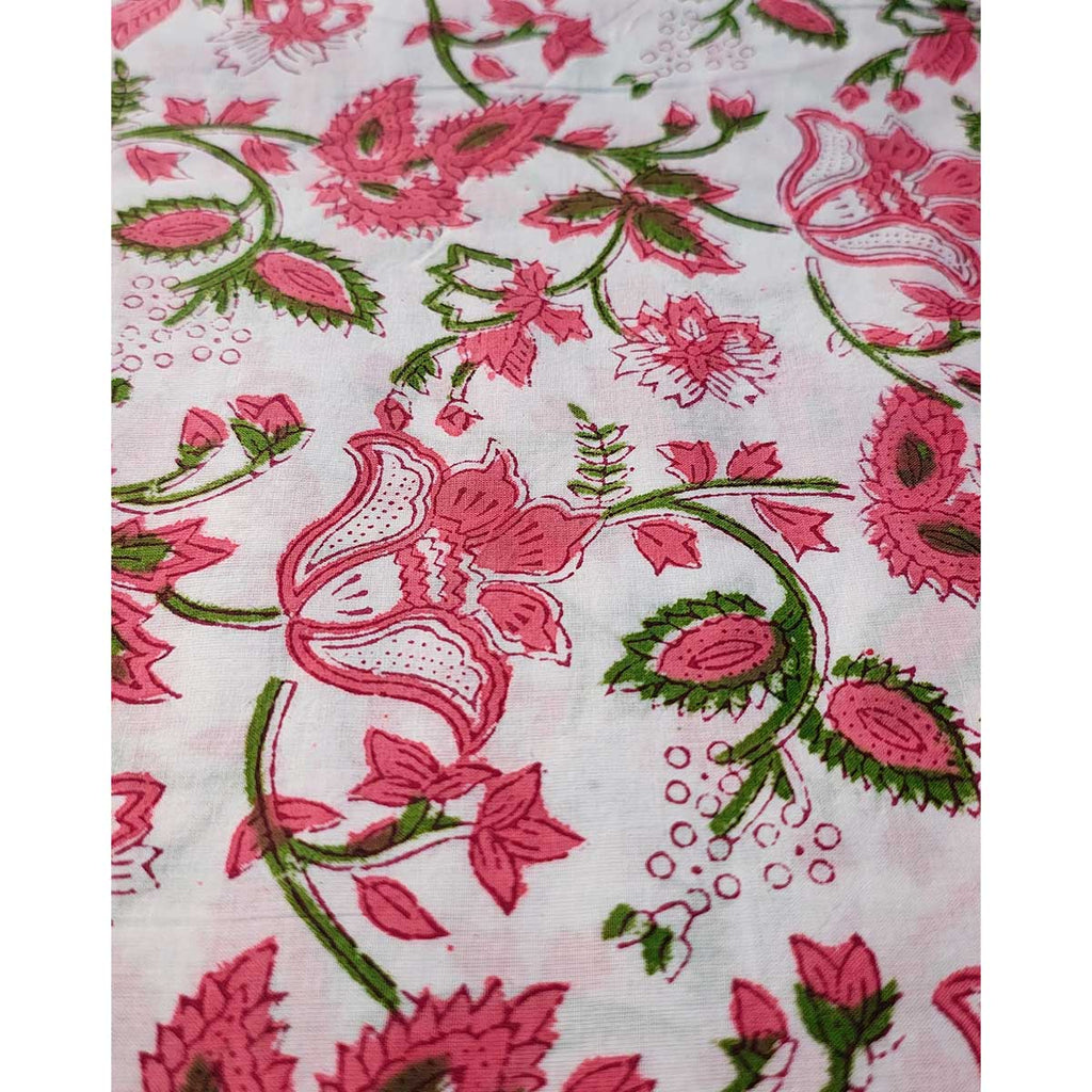 Handmade Bagru Print Textile – Pink Green And White Floral Cotton Material