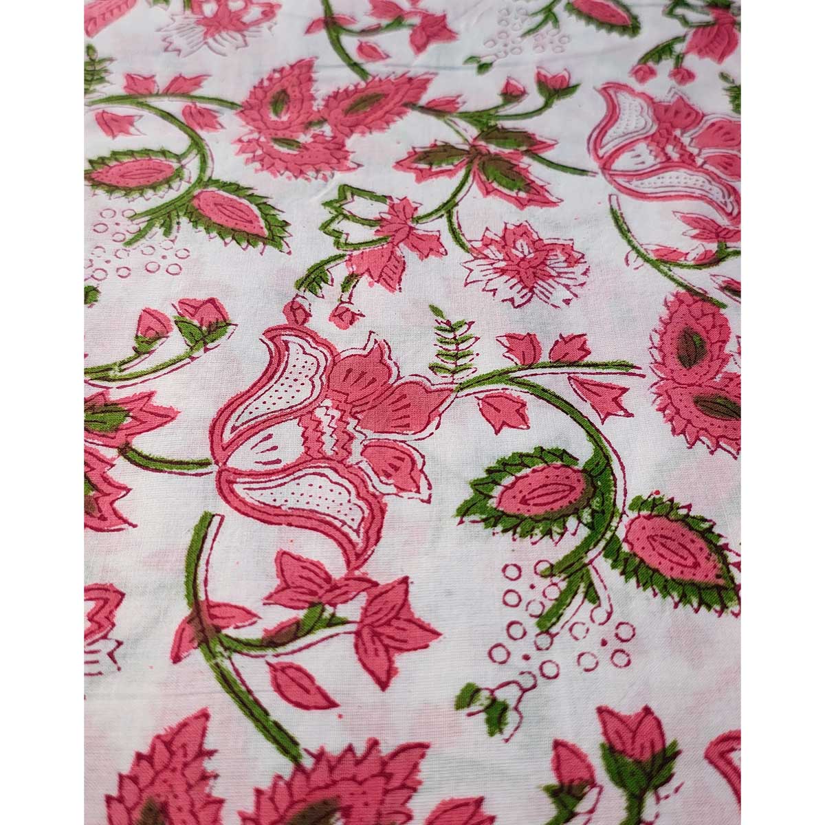 Sanganeri Hand Block Print Cotton Fabric – Pink Green And White Floral