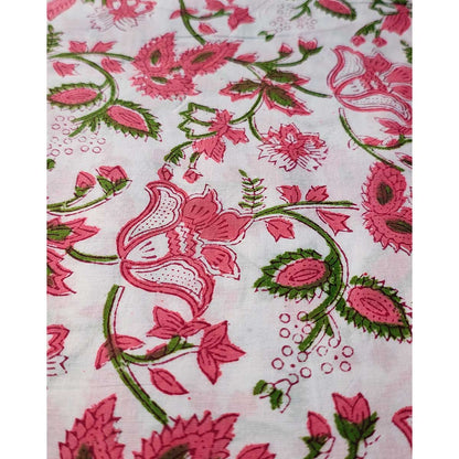 Sanganeri Hand Block Print Cotton Fabric – Pink Green And White Floral