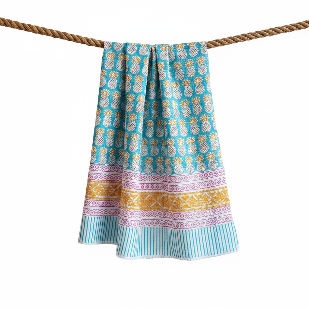 Towel with pineapple pattern hanging on a rope against a white background