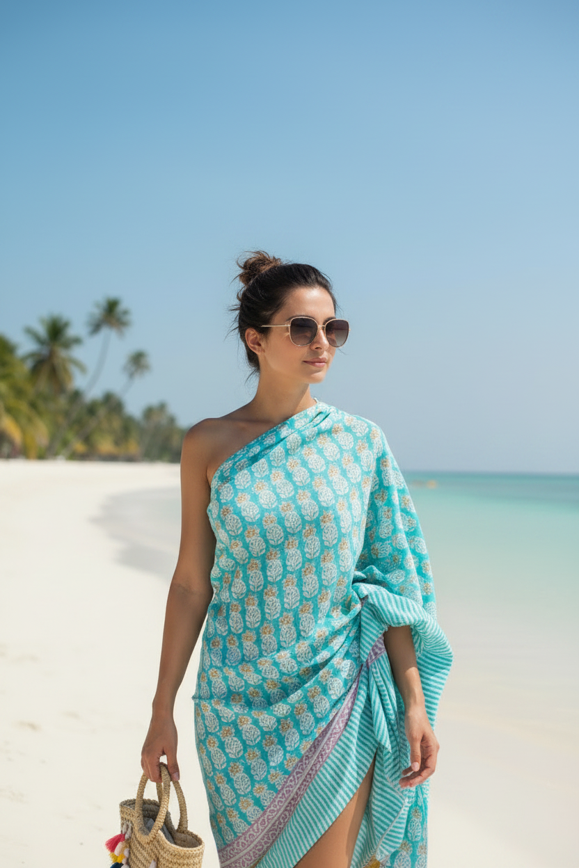 Woman in a turquoise one-shoulder dress standing on a beach with palm trees and clear blue sky.