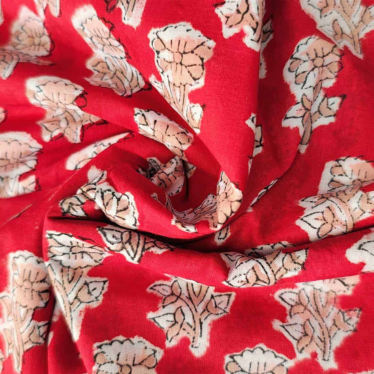 Handmade Bagru Print Textile – Red Floral Print Cotton Material