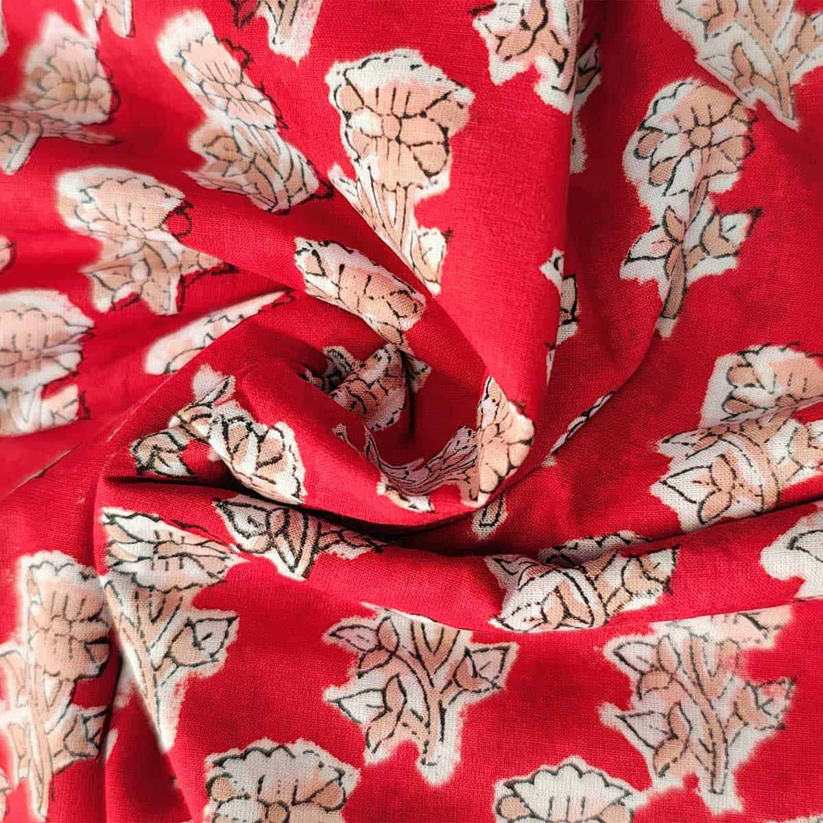 Handmade Bagru Print Textile – Red Floral Print Cotton Material