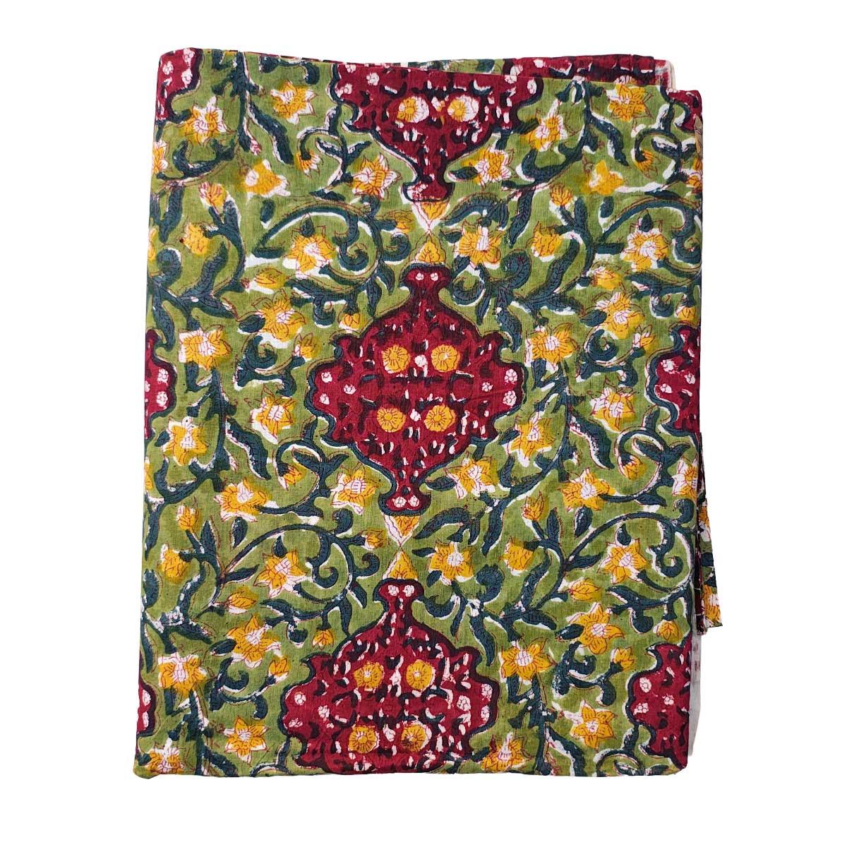 Handmade Bagru Print Textile – Green And Maroon Floral Cotton Material