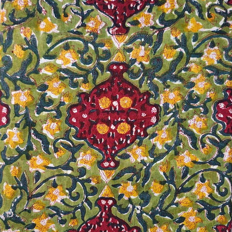 Sanganeri Hand Block Print Cotton Fabric – Green And Maroon Floral