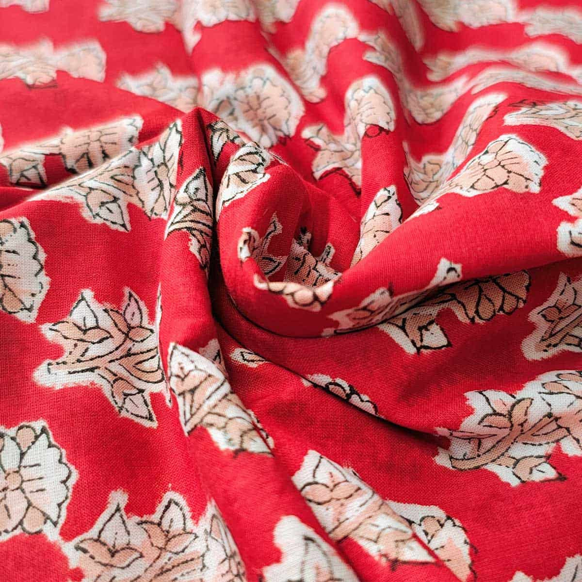 Handmade Bagru Print Textile – Red Floral Print Cotton Material