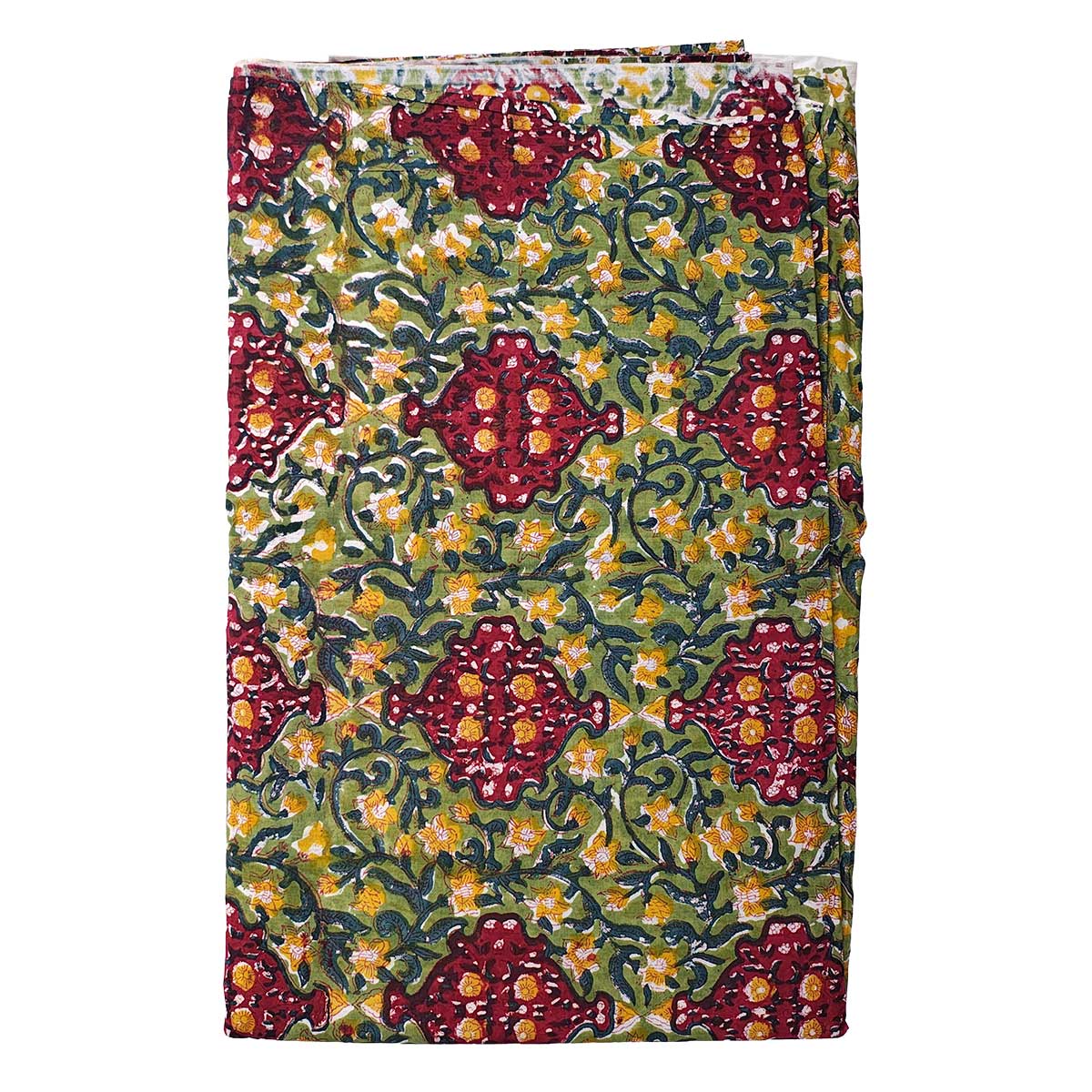 Sanganeri Hand Block Print Cotton Fabric – Green And Maroon Floral