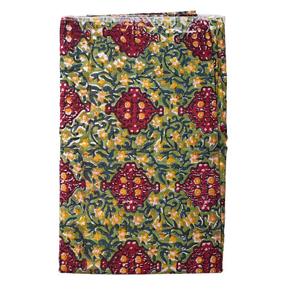 Sanganeri Hand Block Print Cotton Fabric – Green And Maroon Floral