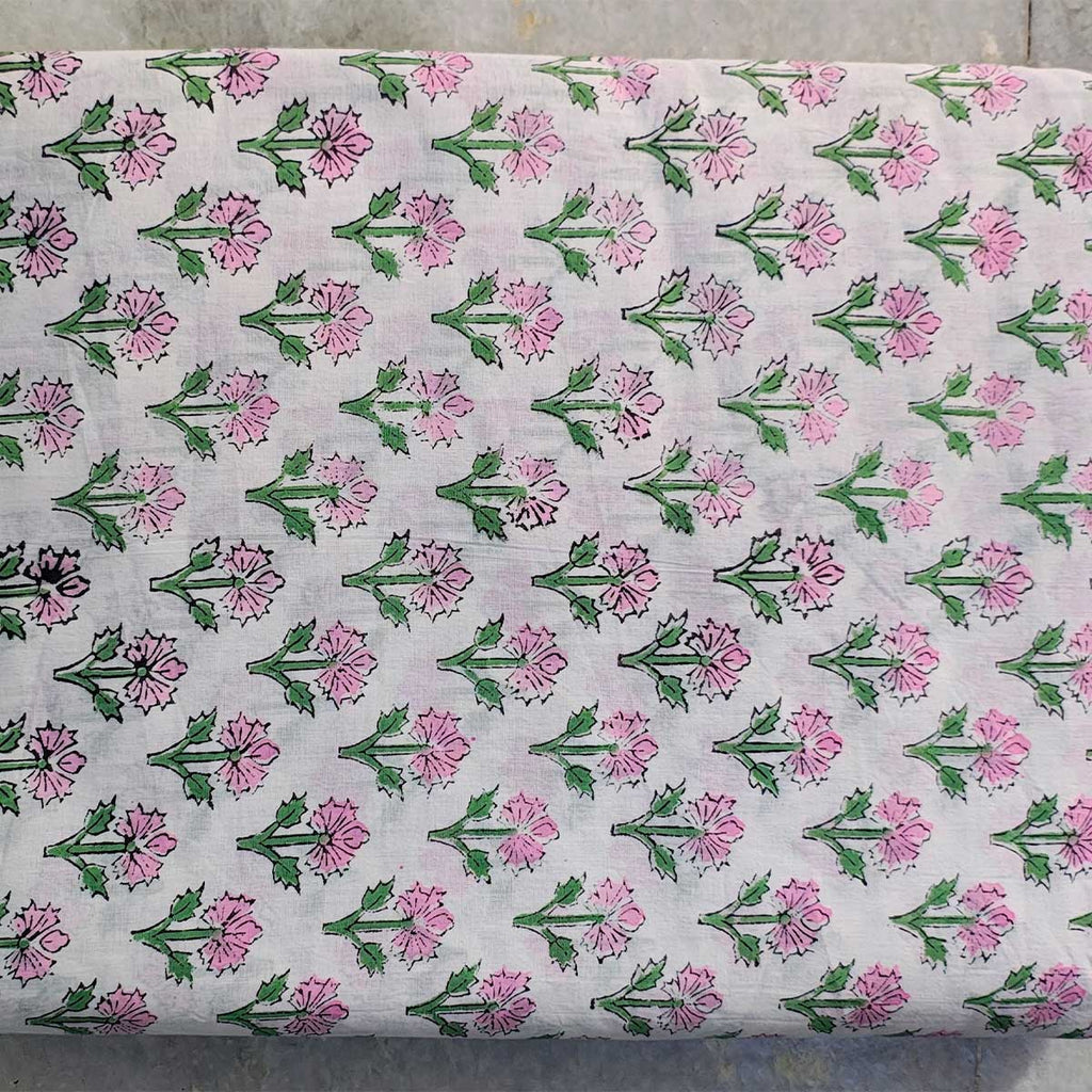 Handmade Bagru Print Textile – White Floral Print Cotton Material