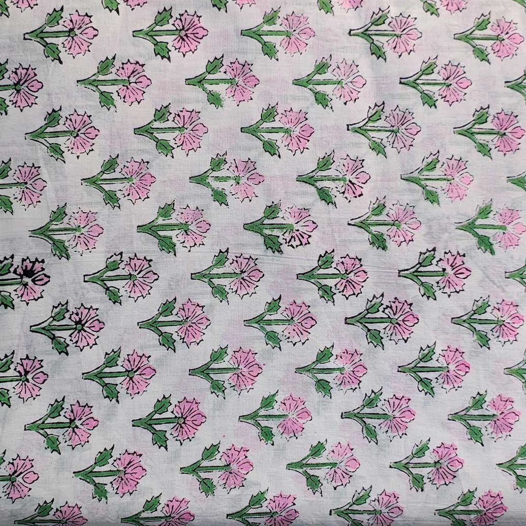 Sanganeri Hand Block Print Cotton Fabric – White Floral Print