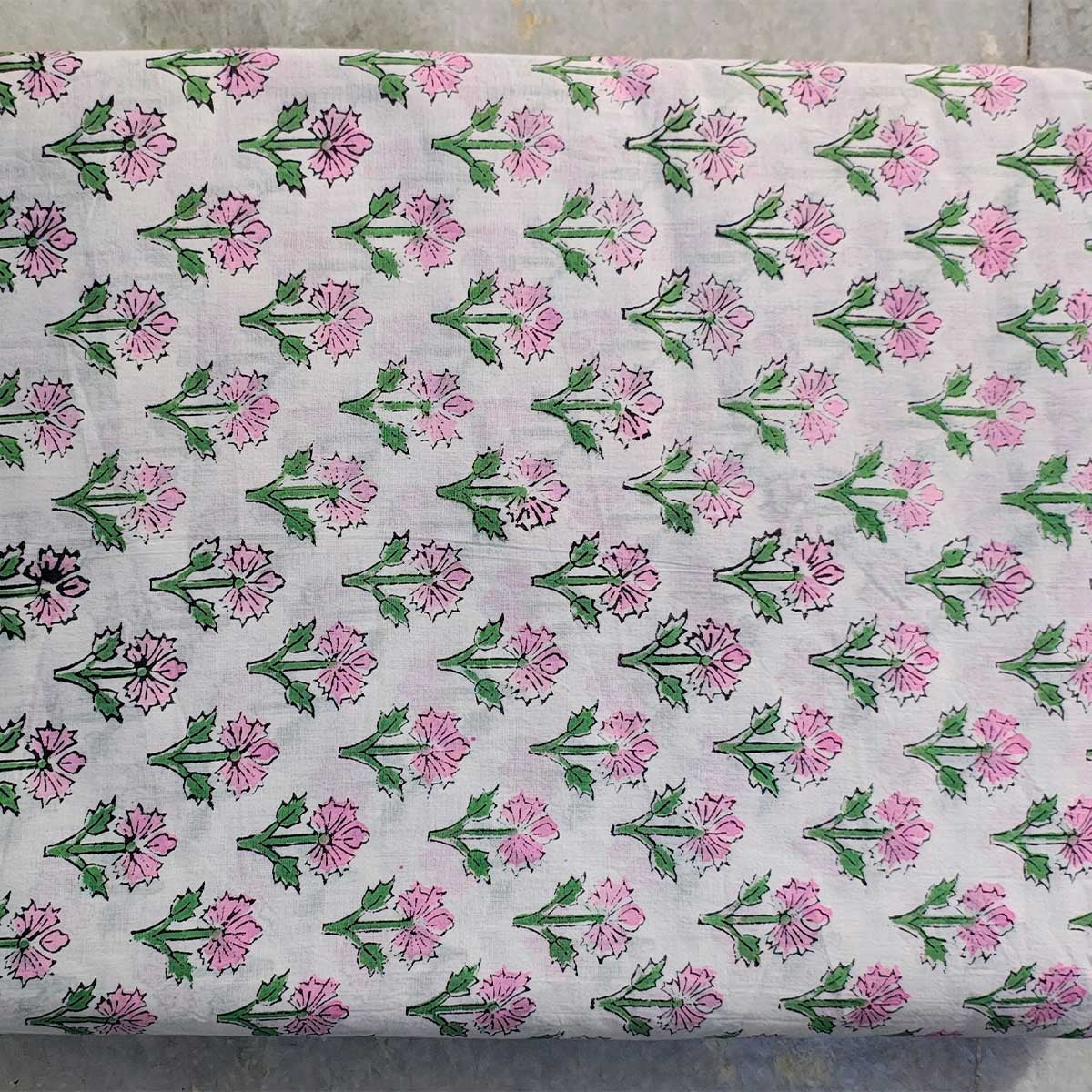 Handmade Bagru Print Textile – White Floral Print Cotton Material