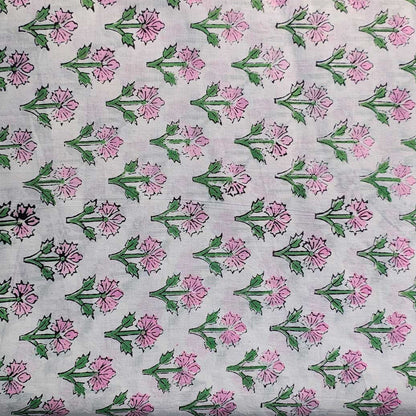 Sanganeri Hand Block Print Cotton Fabric – White Floral Print