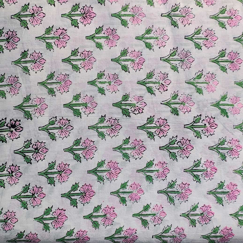 Sanganeri Hand Block Print Cotton Fabric – White Floral Print