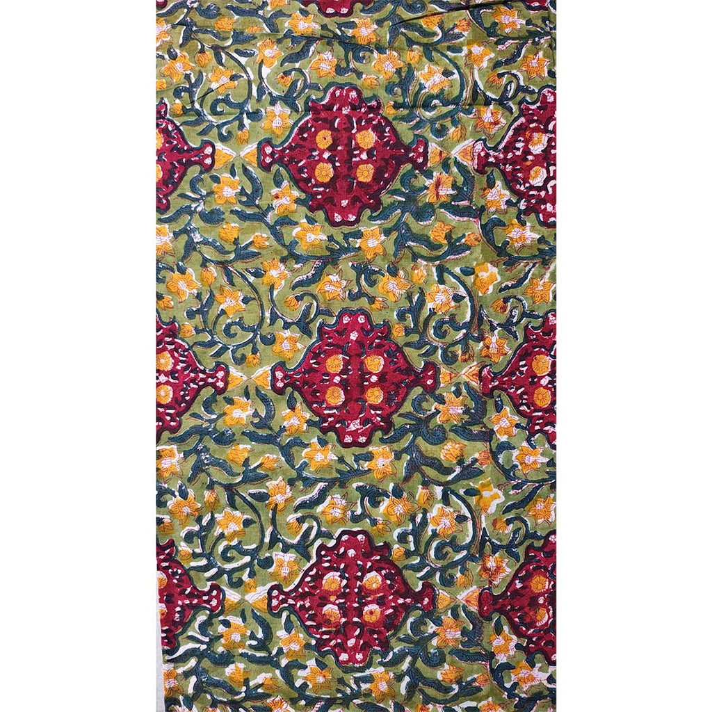Handmade Bagru Print Textile – Green And Maroon Floral Cotton Material