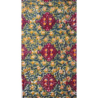 Sanganeri Hand Block Print Cotton Fabric – Green And Maroon Floral