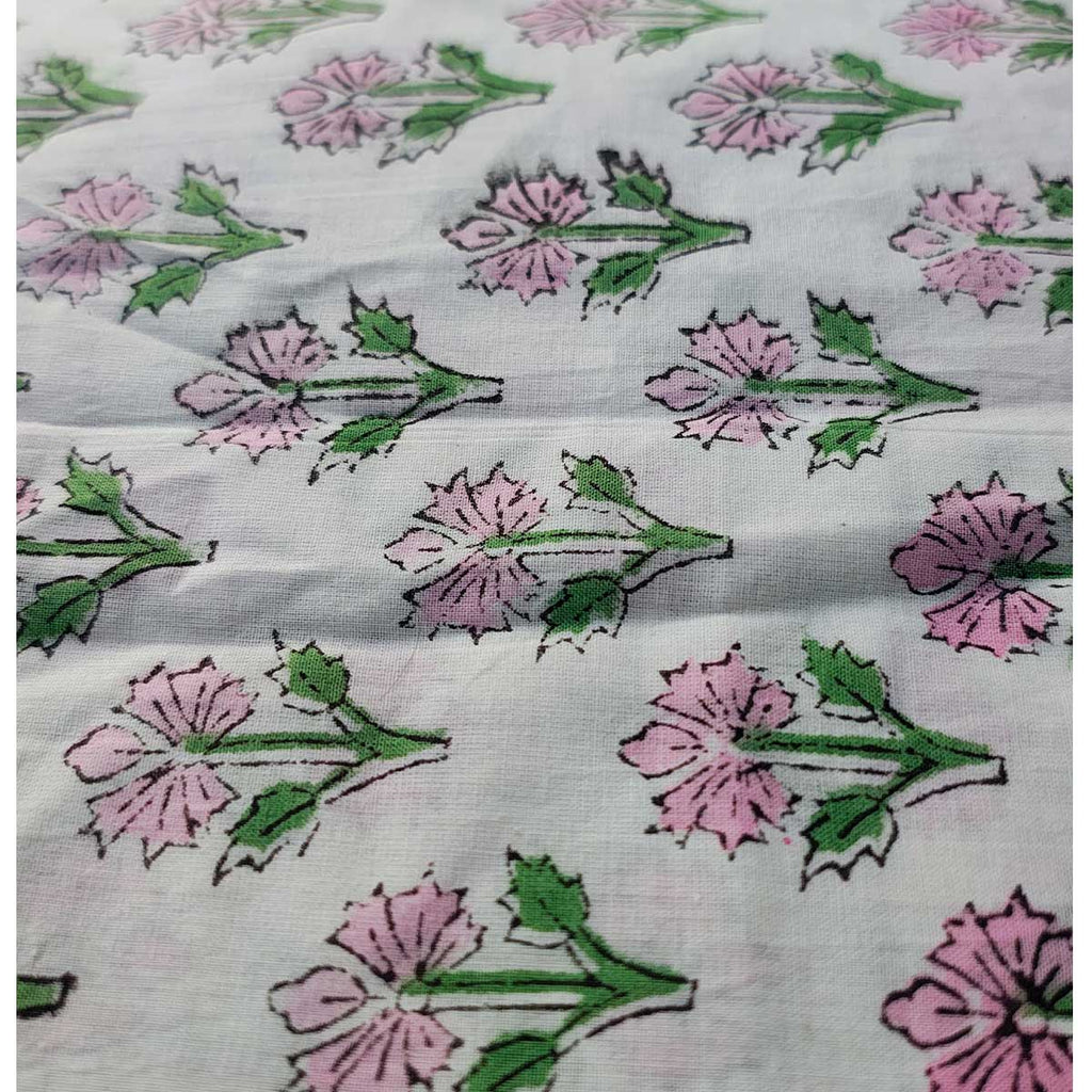 Sanganeri Hand Block Print Cotton Fabric – White Floral Print